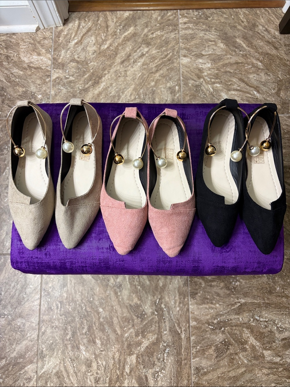 SHEIN Pointed Toe Ankle Strap Flats with Pearl & Gold Charm — Pink, Black, Beige